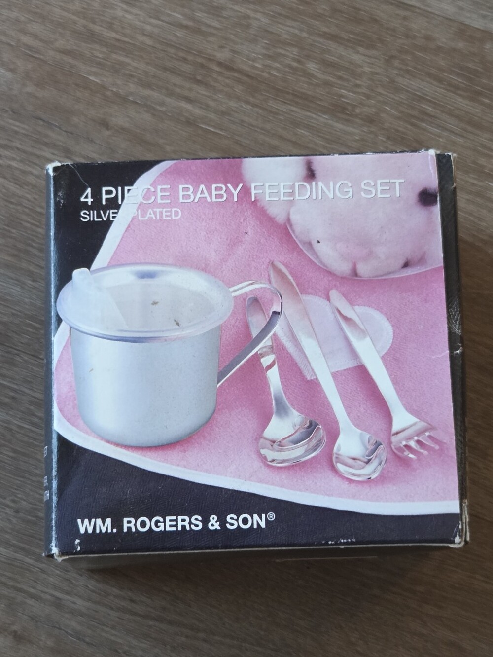 Vintage New in Box WM. Rogers & Son 4 Piece Silver plated Baby Feeding Set